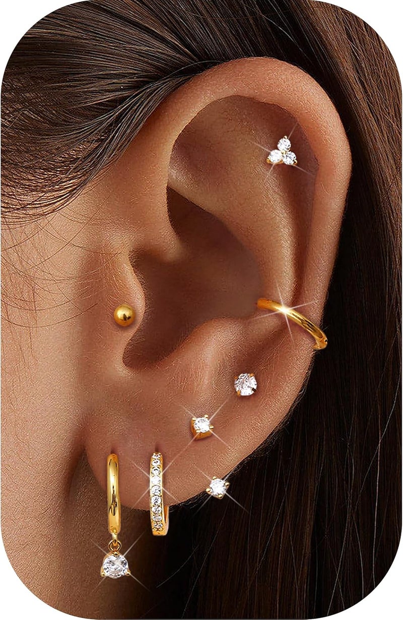 Jstyle Hypoallergenic 14K Gold Plated Stud Hoop Earrings for Women - Surgical Stainless Steel Earrings Trendy Small Hoops Cartilage Earring Stacks Huggie Earring Set for Multiple Piercing Jewelry - Image 2